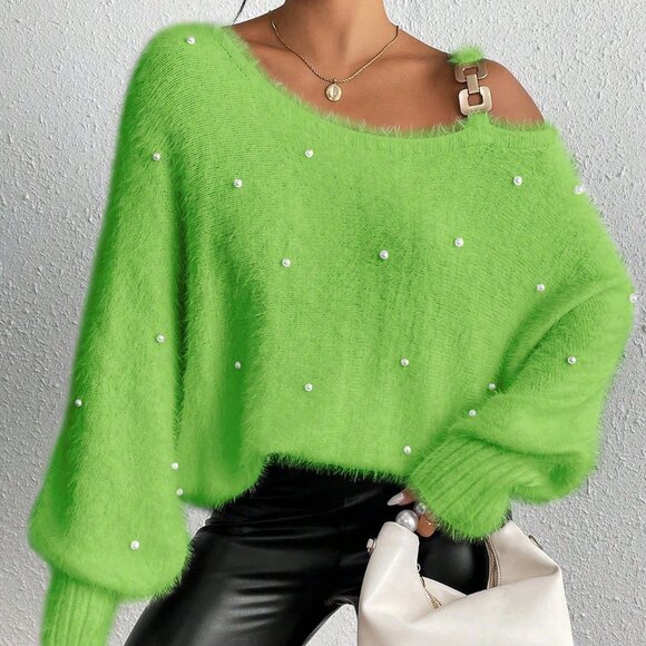 Mint Green Women's Casual Asymmetric Sweater with Faux Pearl & Metal Ring Detail - Picture 3 of 7